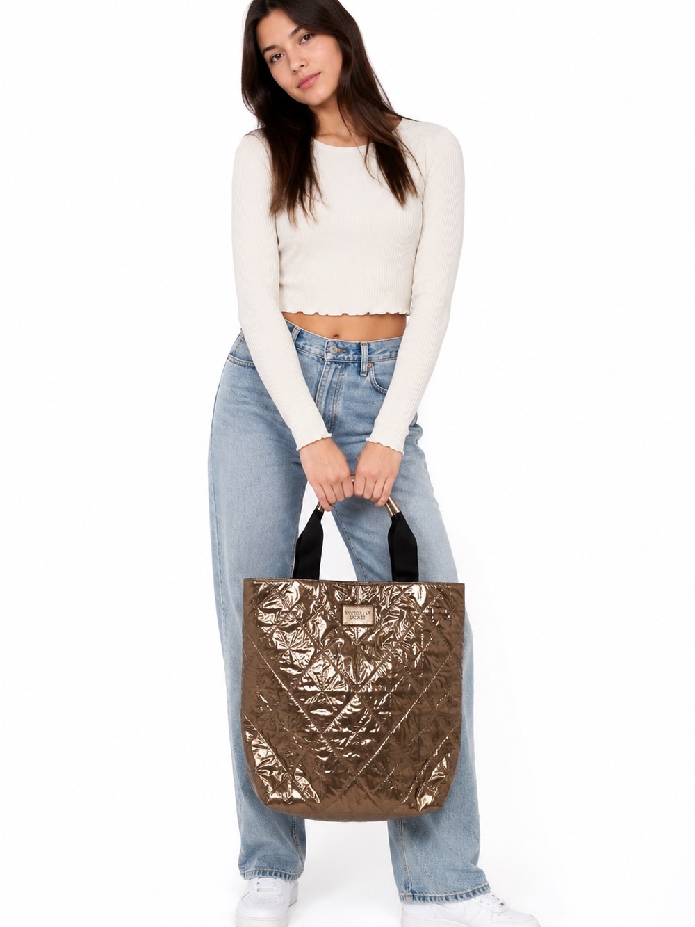 Victoria’s Secret Metallic Quilted Tote Bag Bronze Gold Puffer Shopper Large